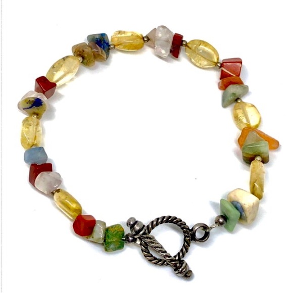 Vintage Yellow Quartz Jasper Multi Stone .925 Sterling Silver SS Toggle Bracelet - Picture 2 of 3